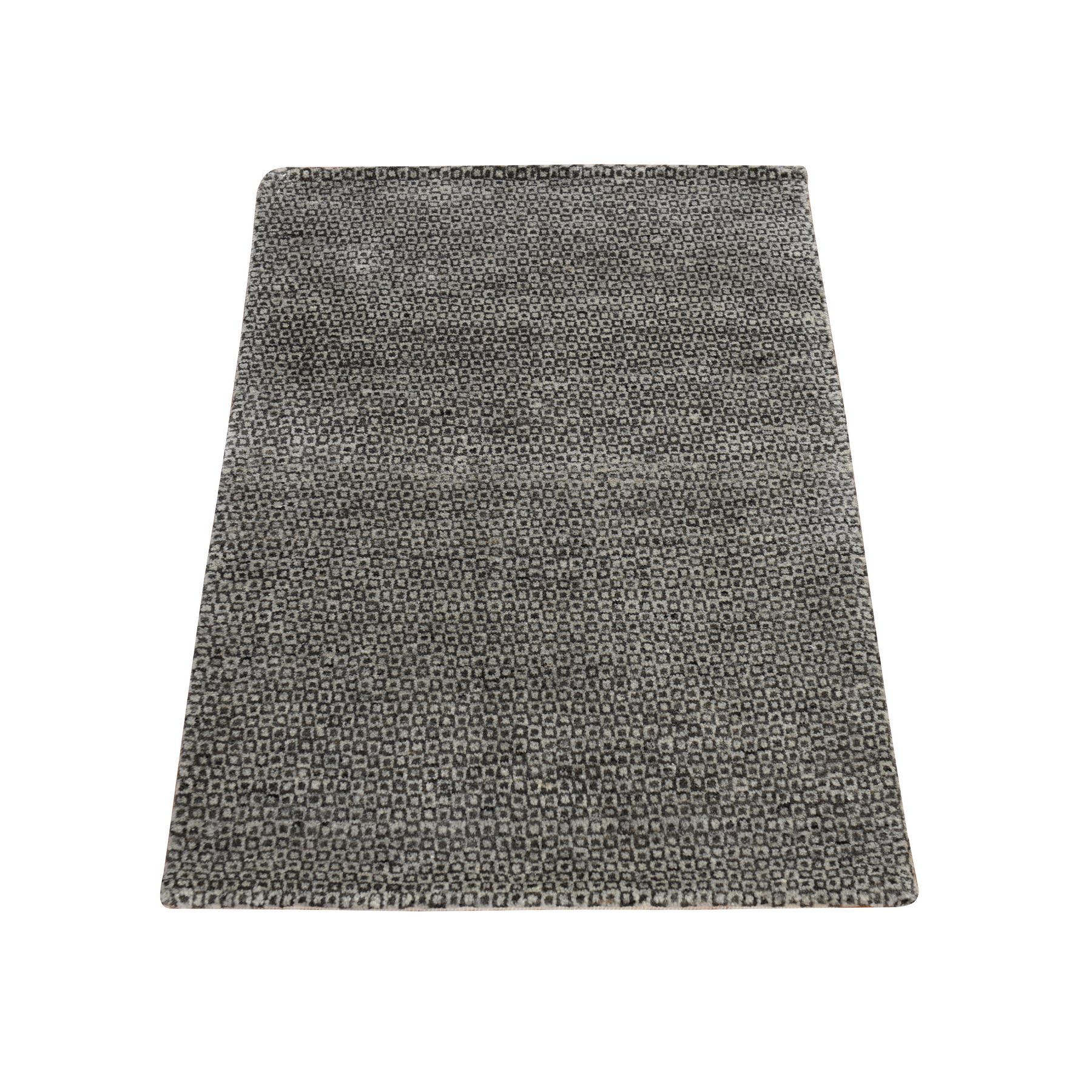 2'x3' Fossil Gray, Dot Design, Sample, Pure Alpaca Unmixed Wool, Hand Knotted, Super Soft and Fine to the Touch, Mat, Oriental Rug